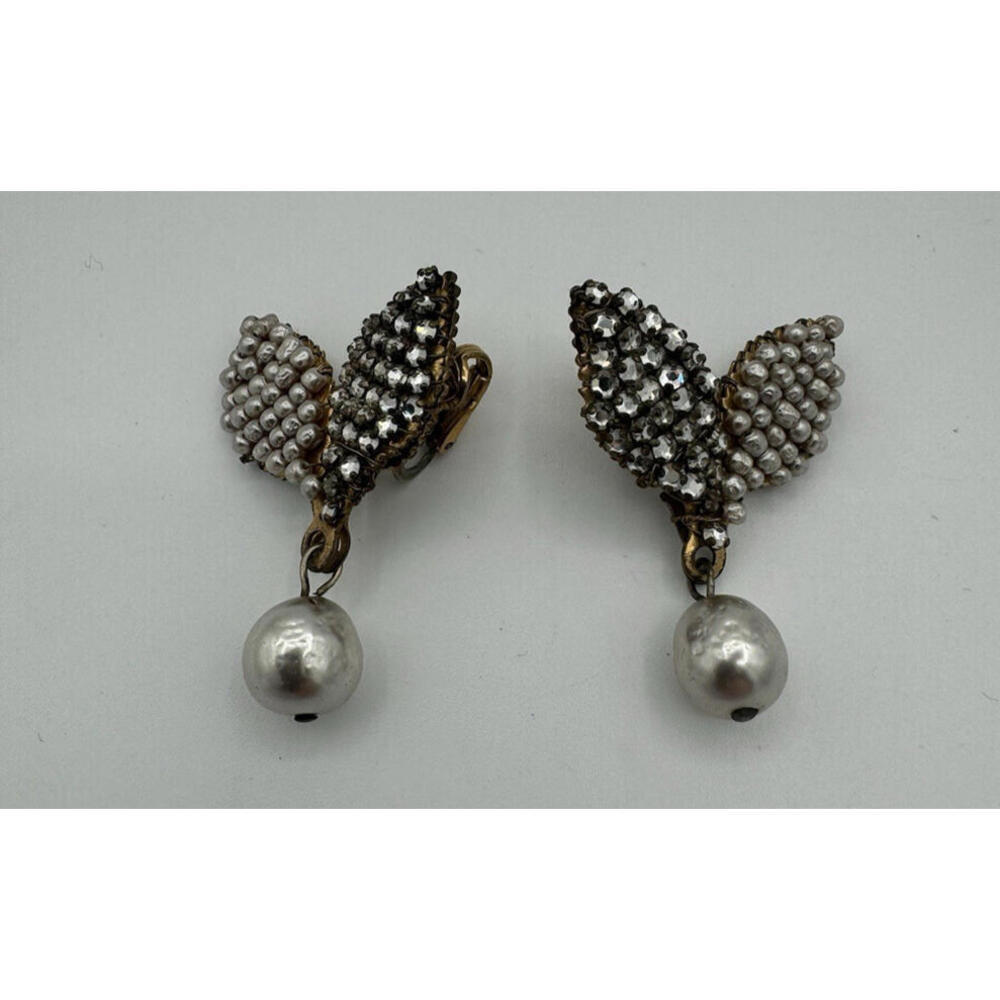 Miriam Haskell Leaf Pearl Rhinestone Dangle Earrings Clip-On